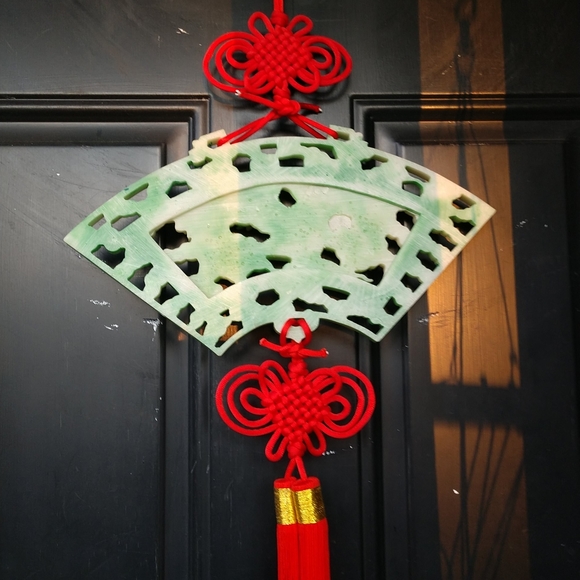 Chinese Carved Green Lacquer Firey Dragon Hanging Fan Red Lucky Knots & Tassels - Picture 10 of 14
